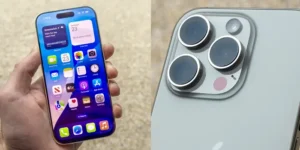 Apple iPhone 16 Pro Max US version showcasing titanium design and advanced camera system in professional lighting